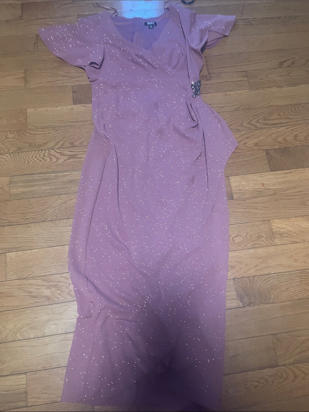 SLNY Dusty Mauve Sparkle Midi Wrap Dress